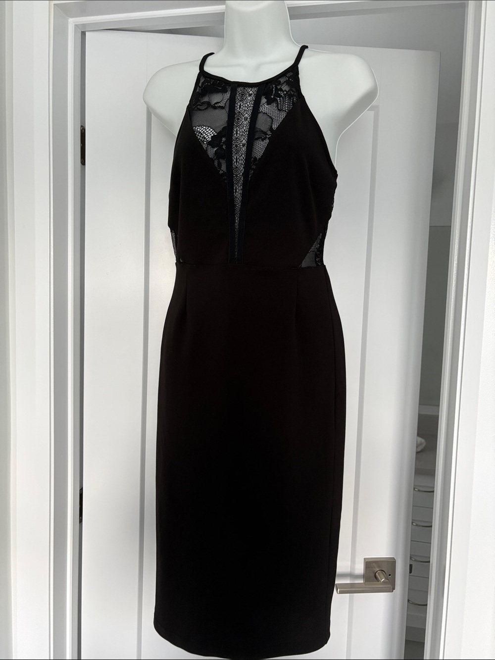 Black Lace-Panel Halter Sheath Dress
